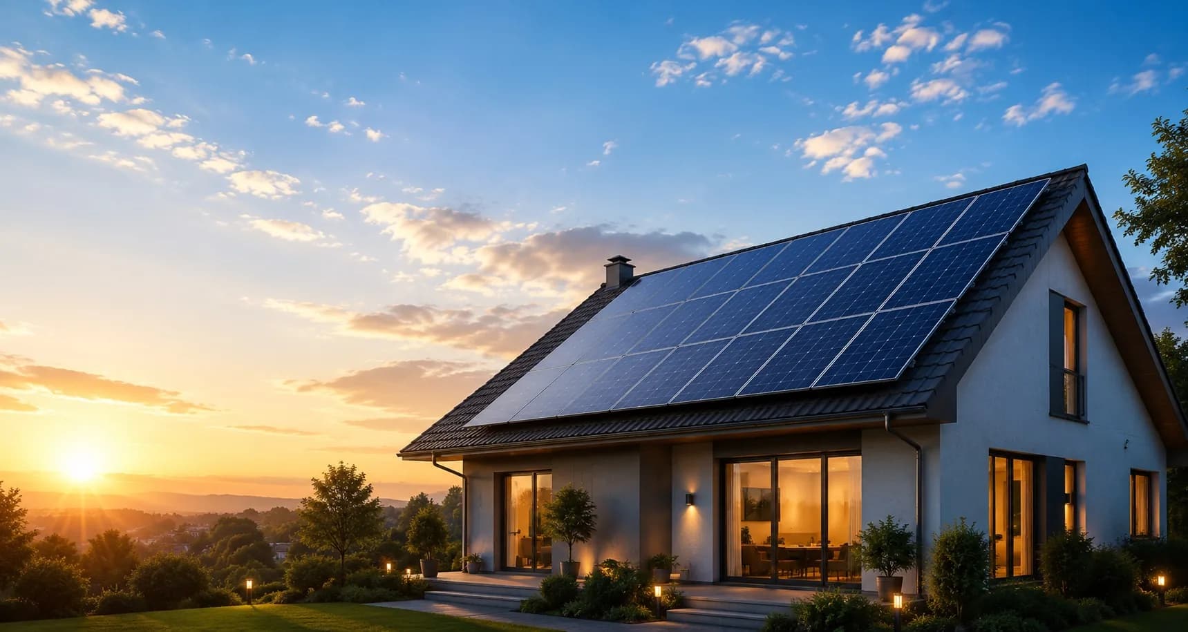 Solar panels installed on the roof of a modern home